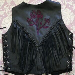 Unik Black Leather Vest with Purple Rose and Fringe